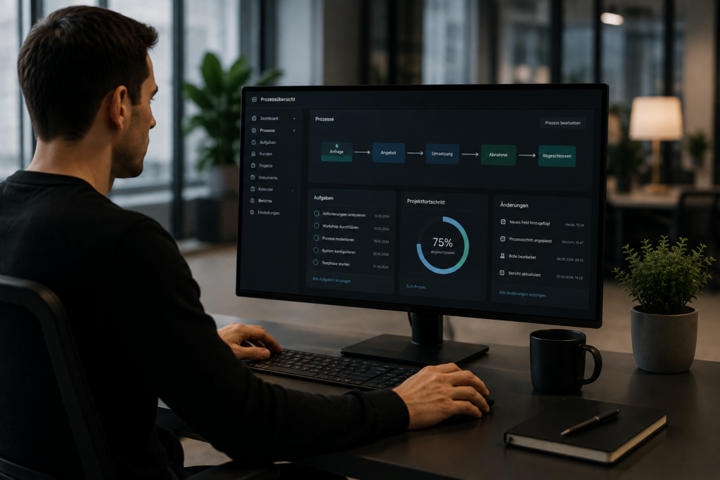Ein Mann sitzt vor einem Monitor und arbeitet an einem Prozess-Dashboard, das Aufgaben, Fortschritt und Änderungen anzeigt, in einem modernen Büro, was beispielsweise für ein Finanzplan von Vorteil ist.